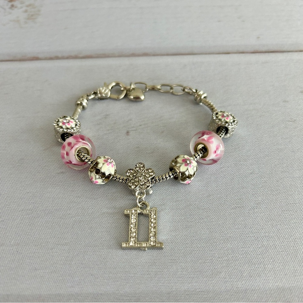 8" Charm Bracelet Silver Happy 11th Birthday Crystal Pave Setting, Enamel Beads - Picture 3 of 8